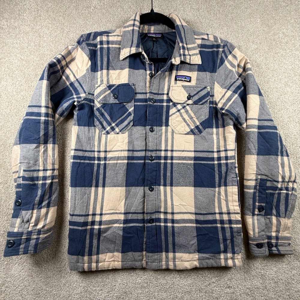 Patagonia Insulated Fjord Flannel Jacket XS Blue Tan Plaid Shirt Jacket Organic